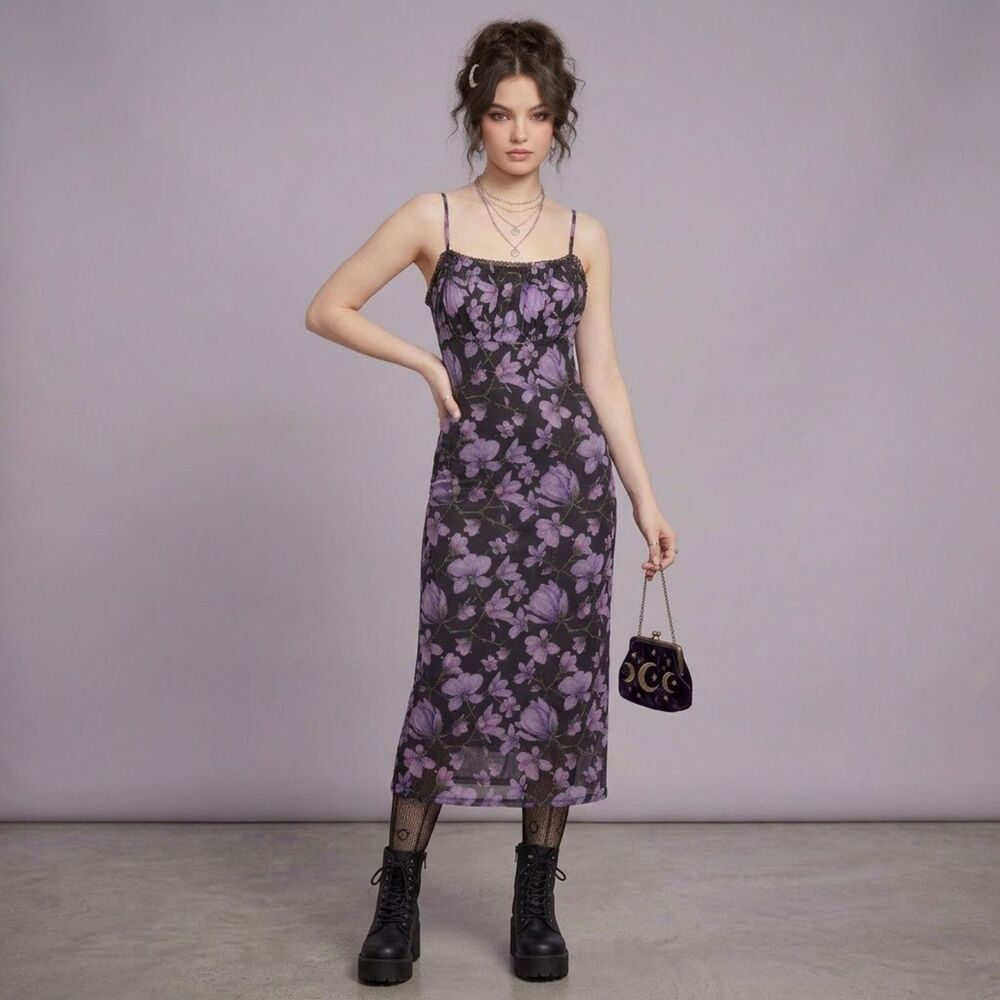 Princess Polly Women’s Black & Purple Floral Print Sleeveless Midi Dress Size 4